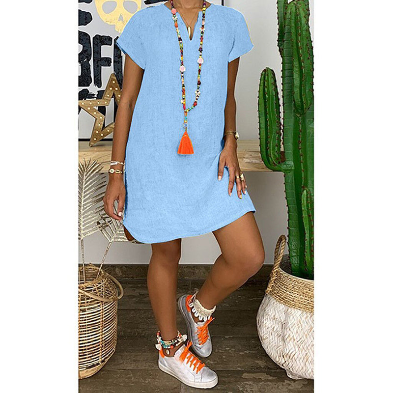 Womens Summer Casual Solid Color V Neck Short Sleeve Dresses Boho Beach Sundresses - kinko