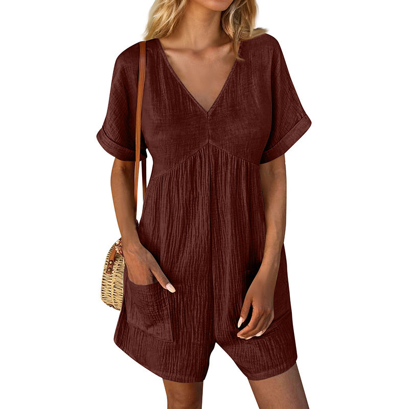 Womens Summer Romper Casual Short Sleeve V Neck Short Jumpsuits With Pockets - kinko