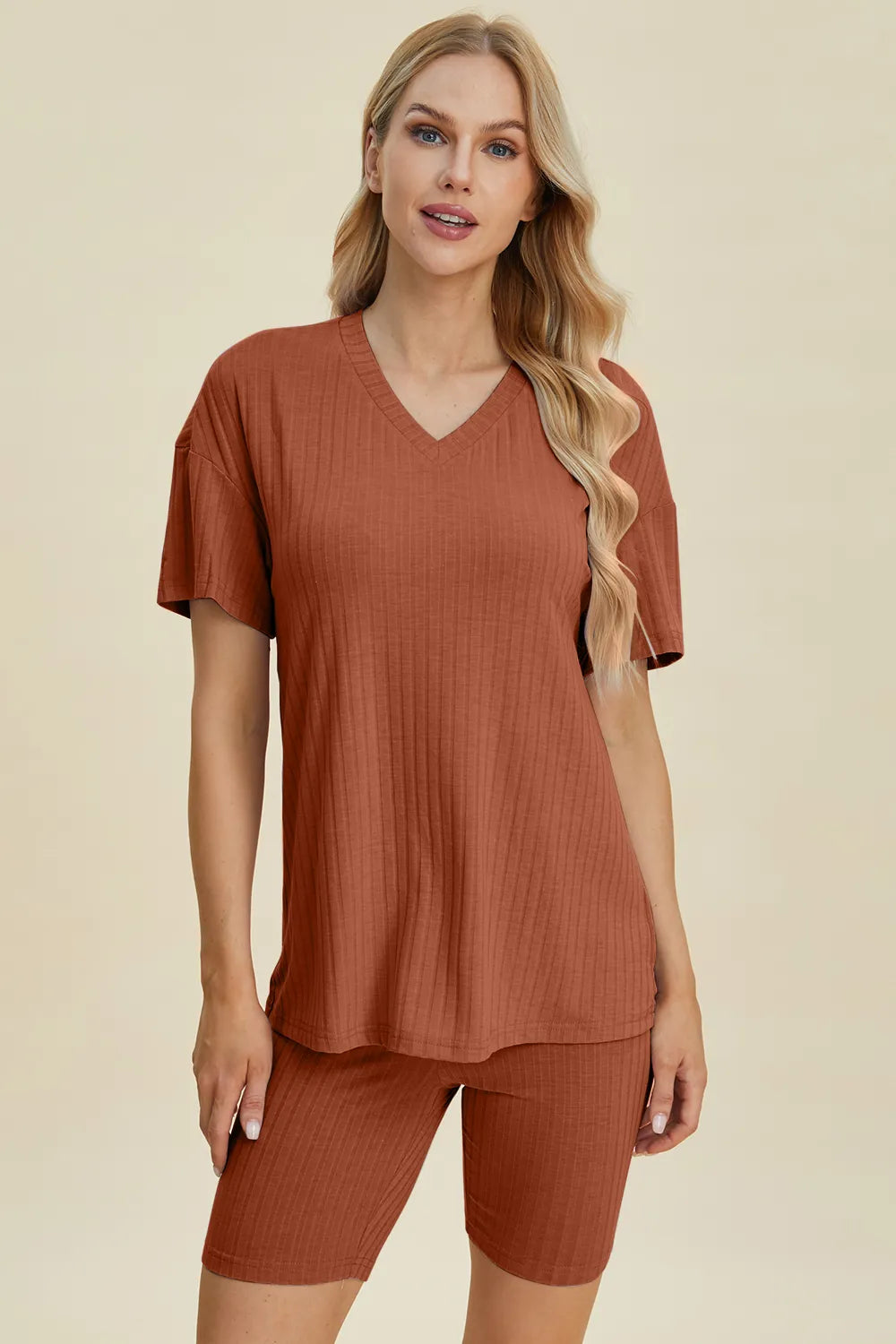 Basic Bae Full Size Ribbed V-Neck Short Sleeve Top and Shorts Set - kinko