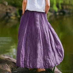 Women Bohemian Beach A-Line Dress Elastic Waist Flowy Long Maxi Skirt With Pockets - kinko