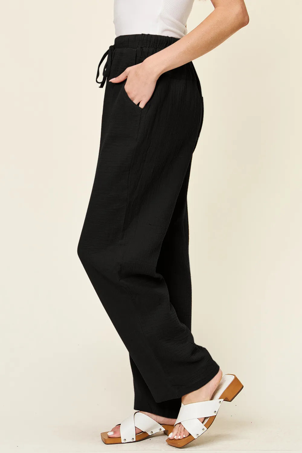 Double Take Full Size Texture Drawstring Straight Pants - kinko