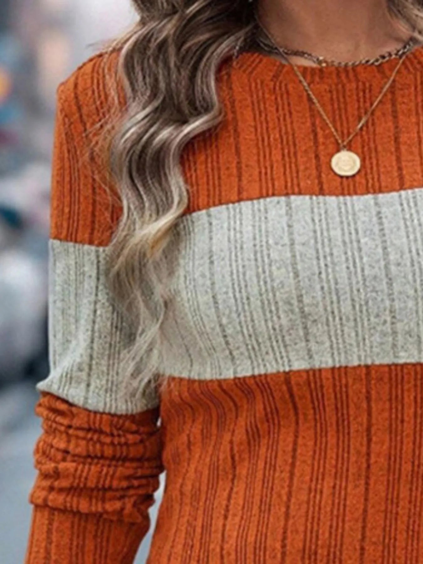 Color Block Round Neck Long Sleeve Sweater - kinko