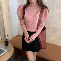 Design Sense Niche Puff Sleeves Slimming Fall Winter Stretch Sweater Women
