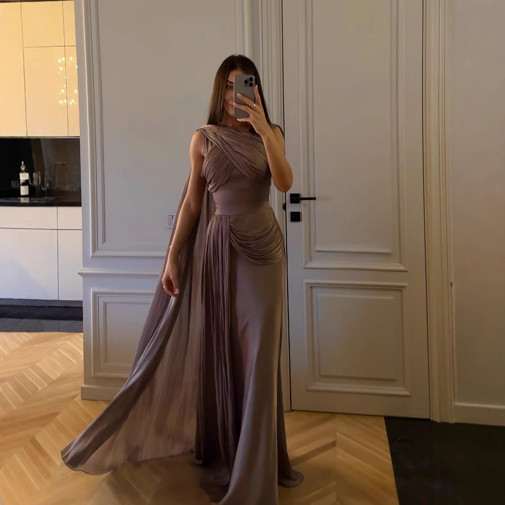 Pleated Ribbon Satin Evening Dress - kinko