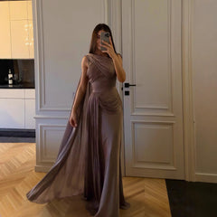 Pleated Ribbon Satin Evening Dress - kinko