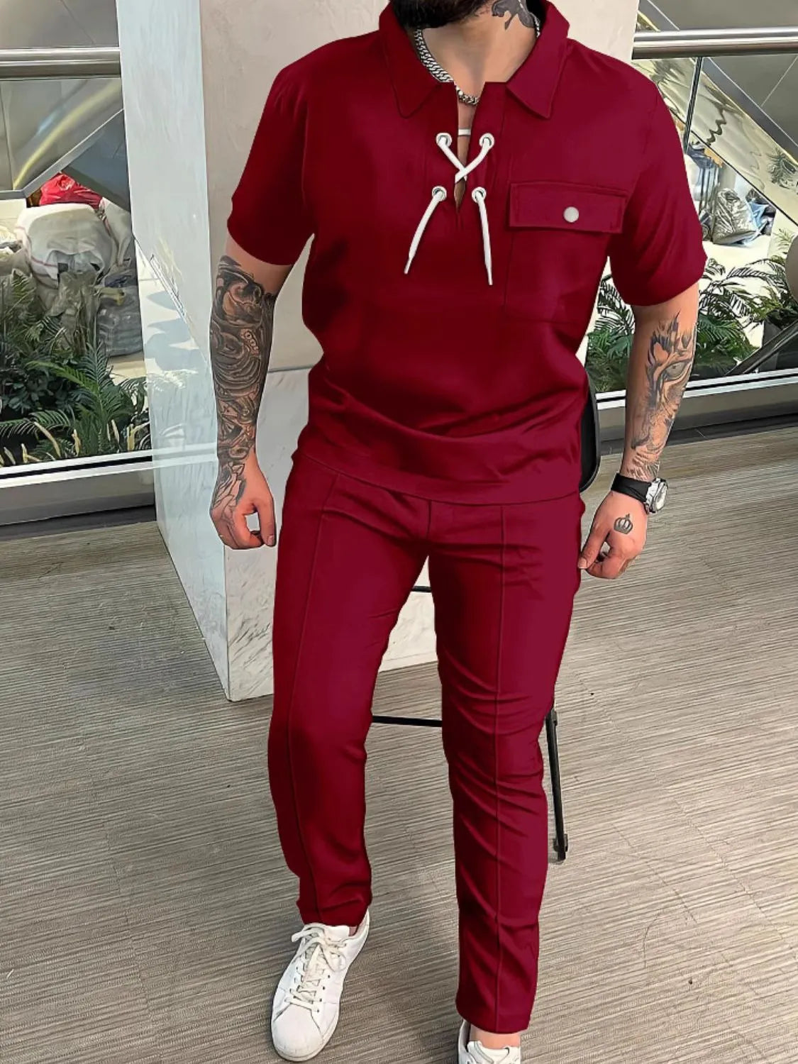 Men's Full Size Lace Up Short Sleeve Top and Pants Plus Size - kinko