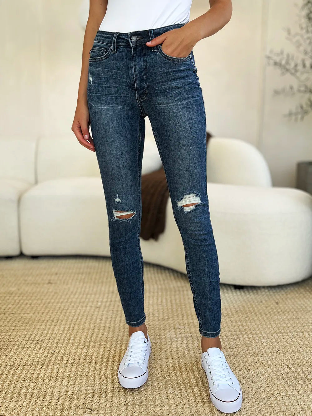 Judy Blue Full Size Mid Waist Distressed Slim Jeans - kinko