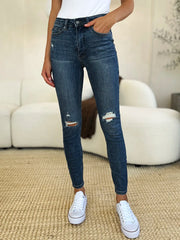 Judy Blue Full Size Mid Waist Distressed Slim Jeans - kinko