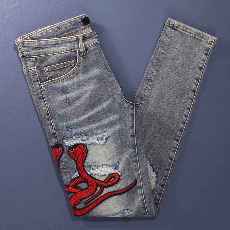 Worn Looking Washed-out Hole Patch Trendy Brand Embroidered Slim Fit Jeans - kinko
