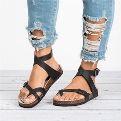 Summer plus Size Sandals Cork Sole Roman Toe Covering Belt Buckle Strip Winding Sandals Women - kinko Global Holdings inc