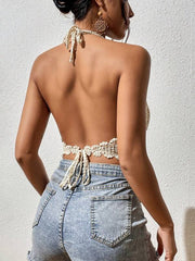 Buntes, gehäkeltes Slingback-Top mit Quasten und durchbrochenem Muster, Häkelnadel