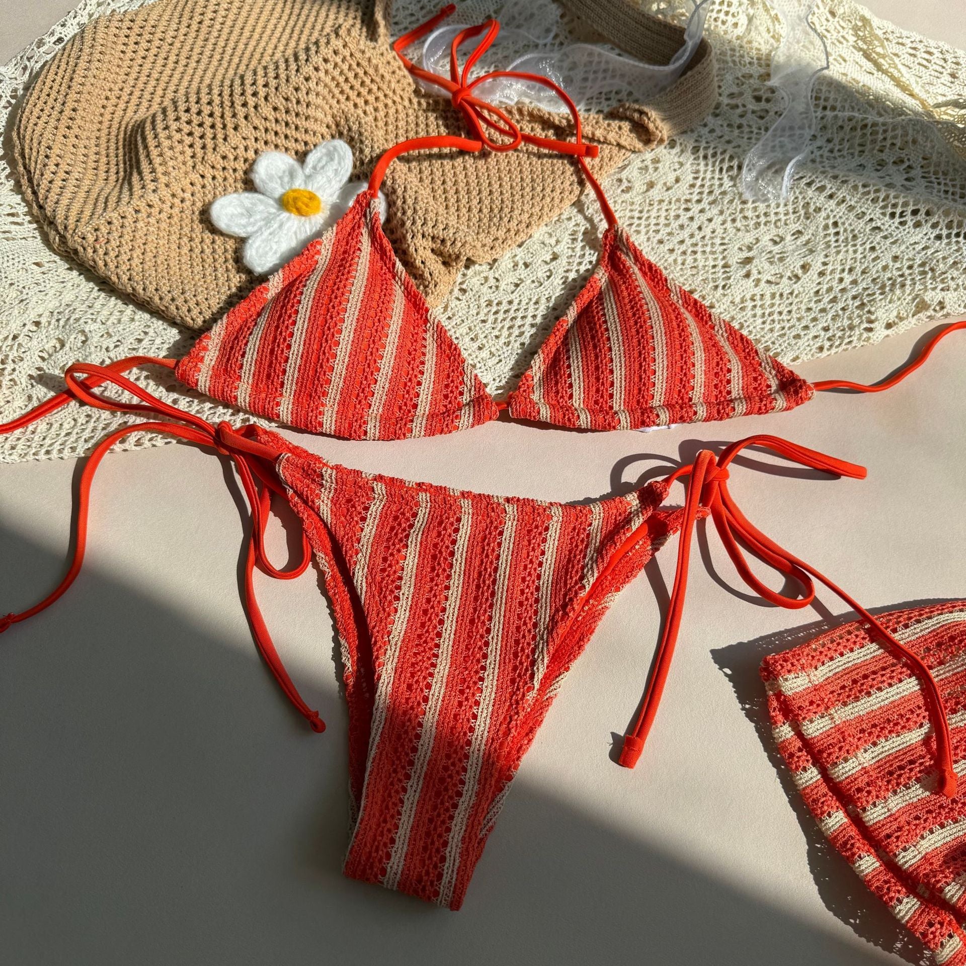 Sexy Lace up Striped Three Piece Swimsuit Bikini - kinko Global Holdings inc