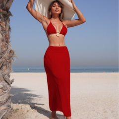 Solid Color Mesh Long Skirt Sexy Swimsuit Women Bikini Three Piece Swimsuit - kinko Global Holdings inc