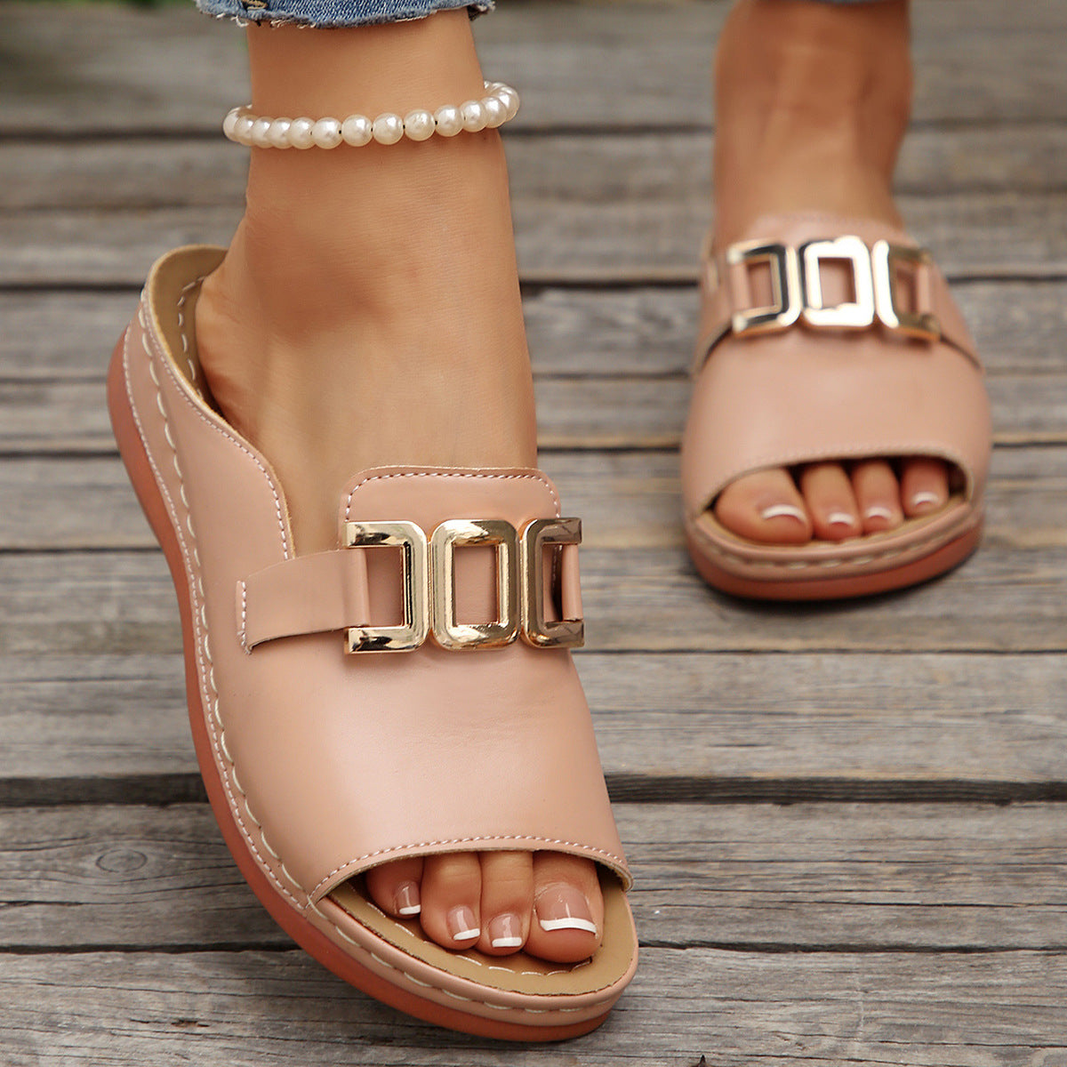 Southeast Asian Buckle Wedge Open Toe Slippers Women plus Size Metal Buckle Fish Mouth Beach Slippers - kinko Global Holdings inc