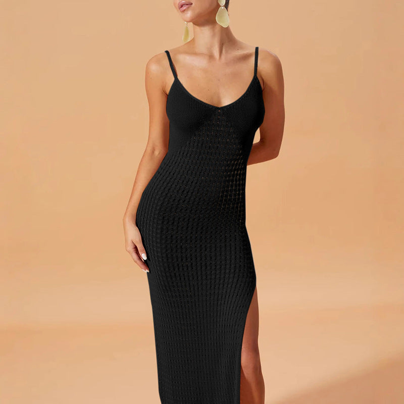 Solid Color Sling Dress Side Slit Summer Pure Want to Wear Seaside Women Knitted Dress Slim French Hip - kinko Global Holdings inc