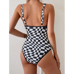 Badeanzug mit V-Ausschnitt, kariert, einteiliger Badeanzug für Damen, Strandbikini für Frühling