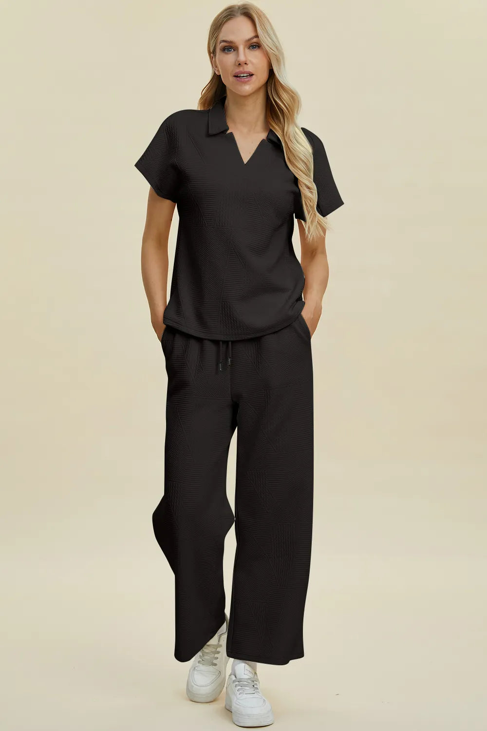 Double Take Full Size Collared Neck Short Sleeve Top and Pants Set - kinko