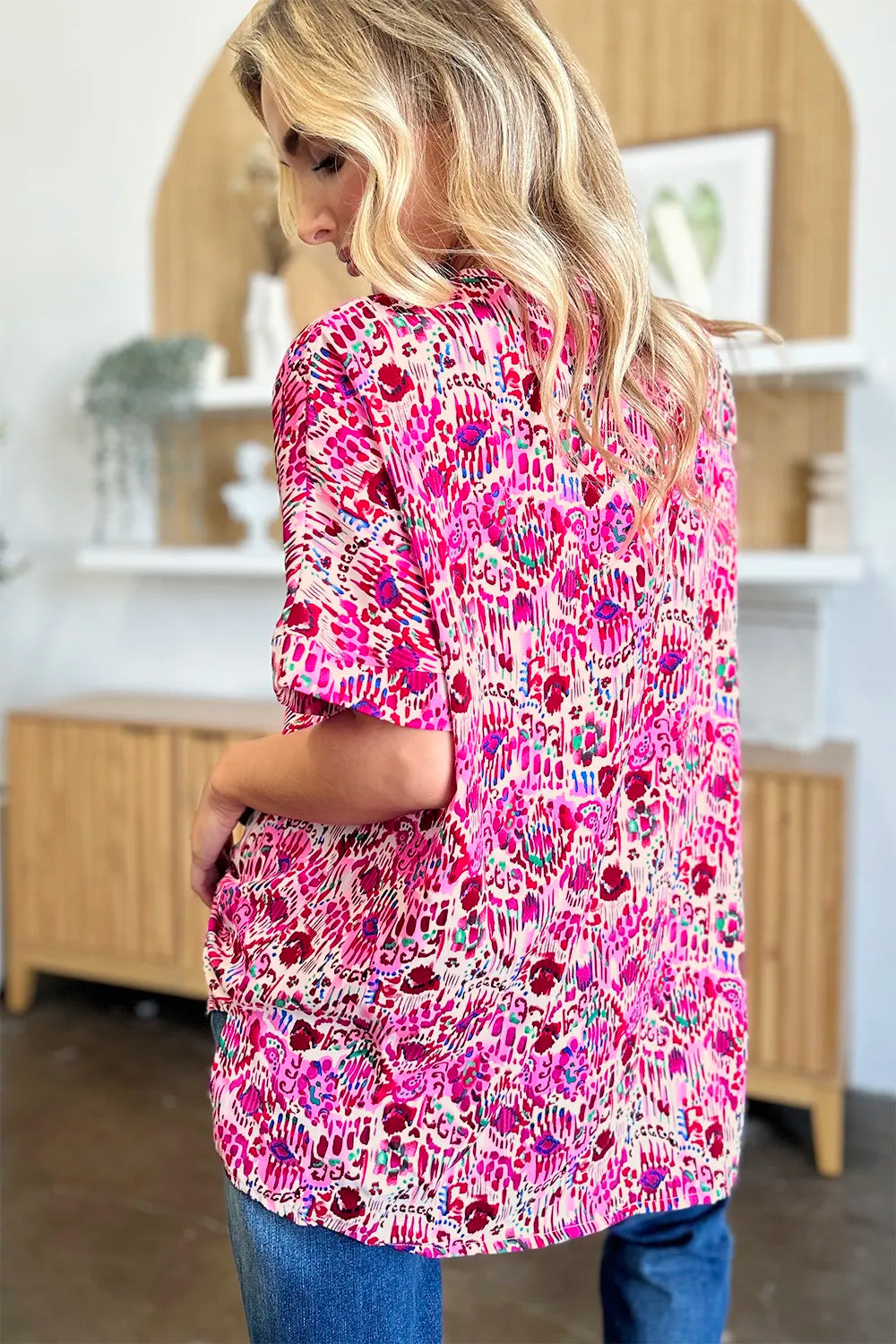 Double Take Full Size Printed V-Neck Short Sleeve Blouse - kinko