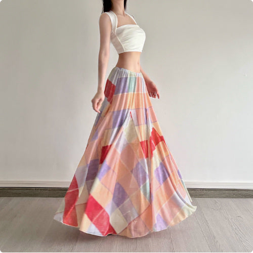 Colorful Flower Niche Artistic Colorblock Plaid Skirt - kinko