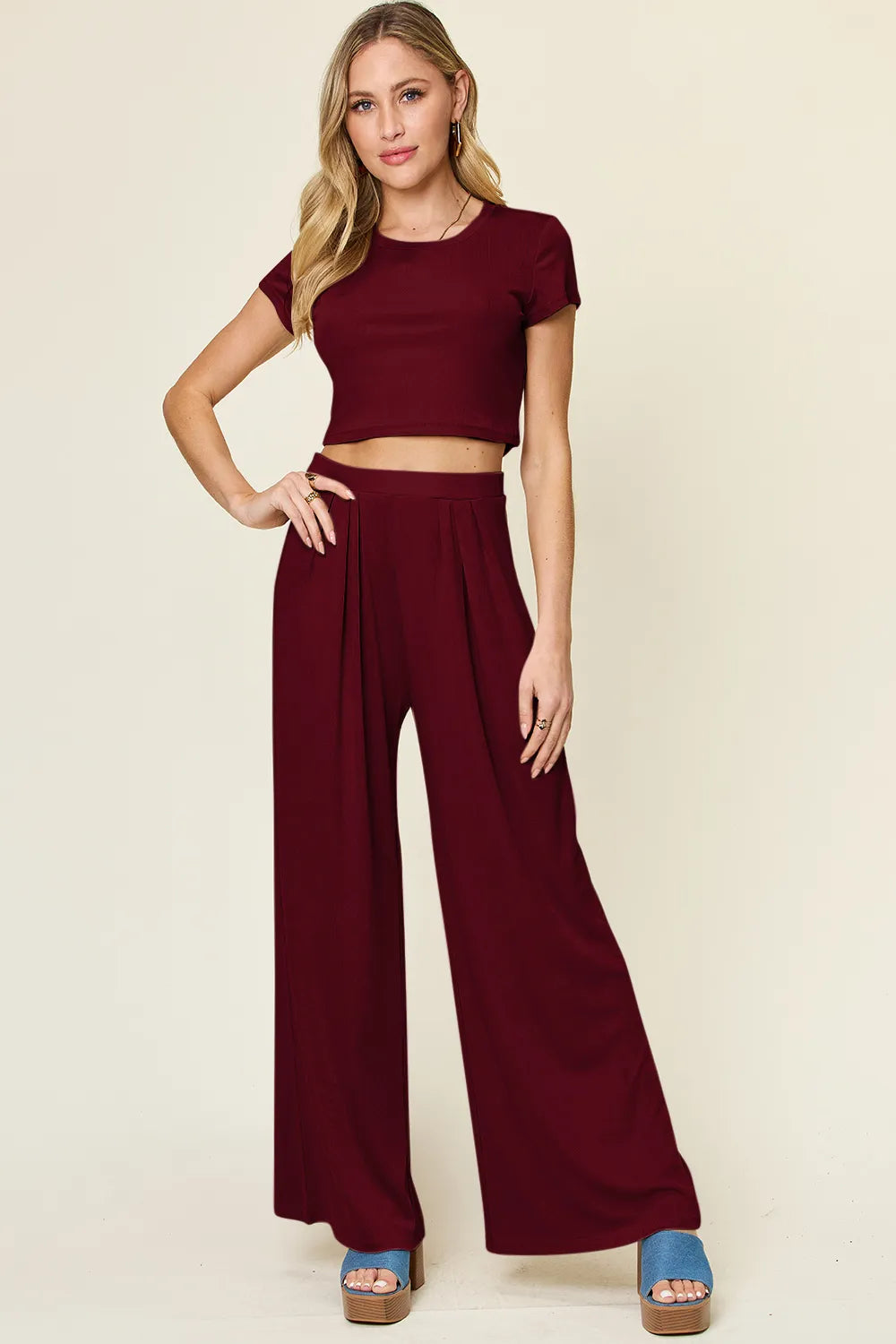 Double Take Full Size Round Neck Top and Pants Set - kinko