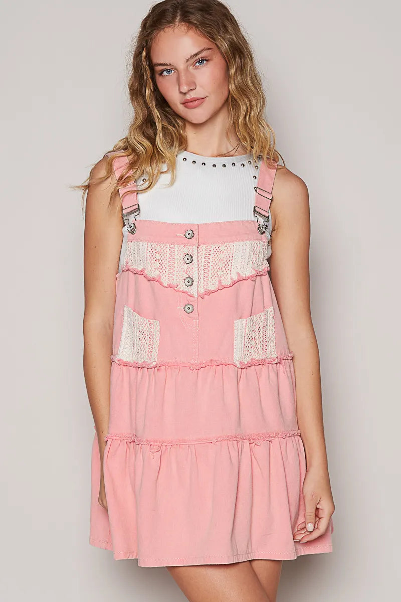 POL Lace Patchwork Detail Denim Overall Dress - kinko