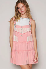 POL Lace Patchwork Detail Denim Overall Dress - kinko