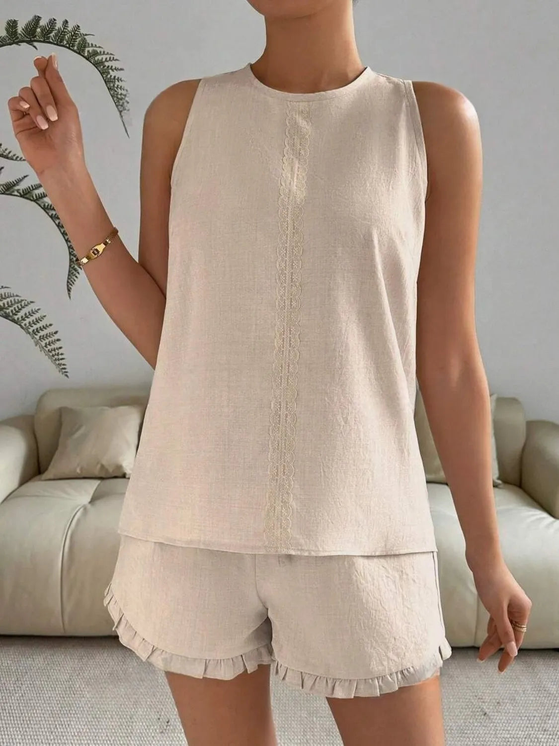 Lace Detail Round Neck Tank and Shorts Set - kinko