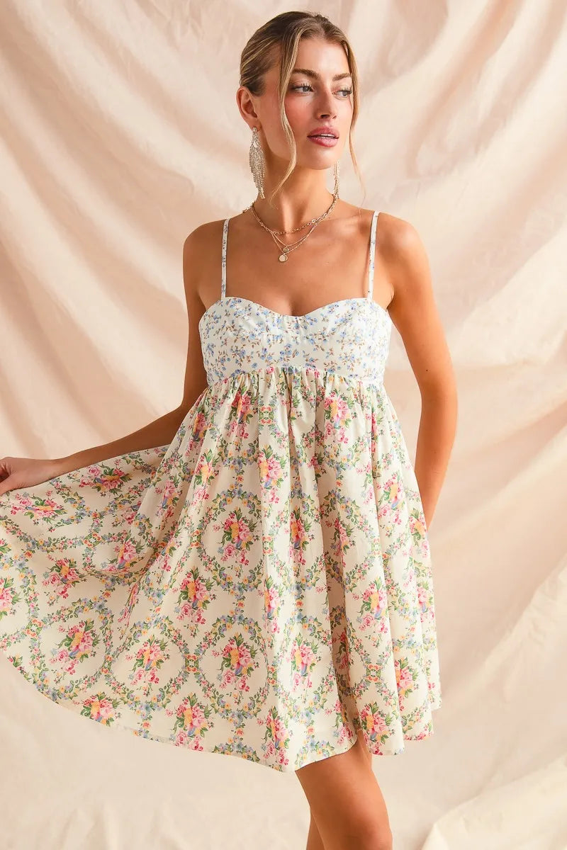 SO ME Mixed Floral Print Sleeveless Mini Dress - kinko