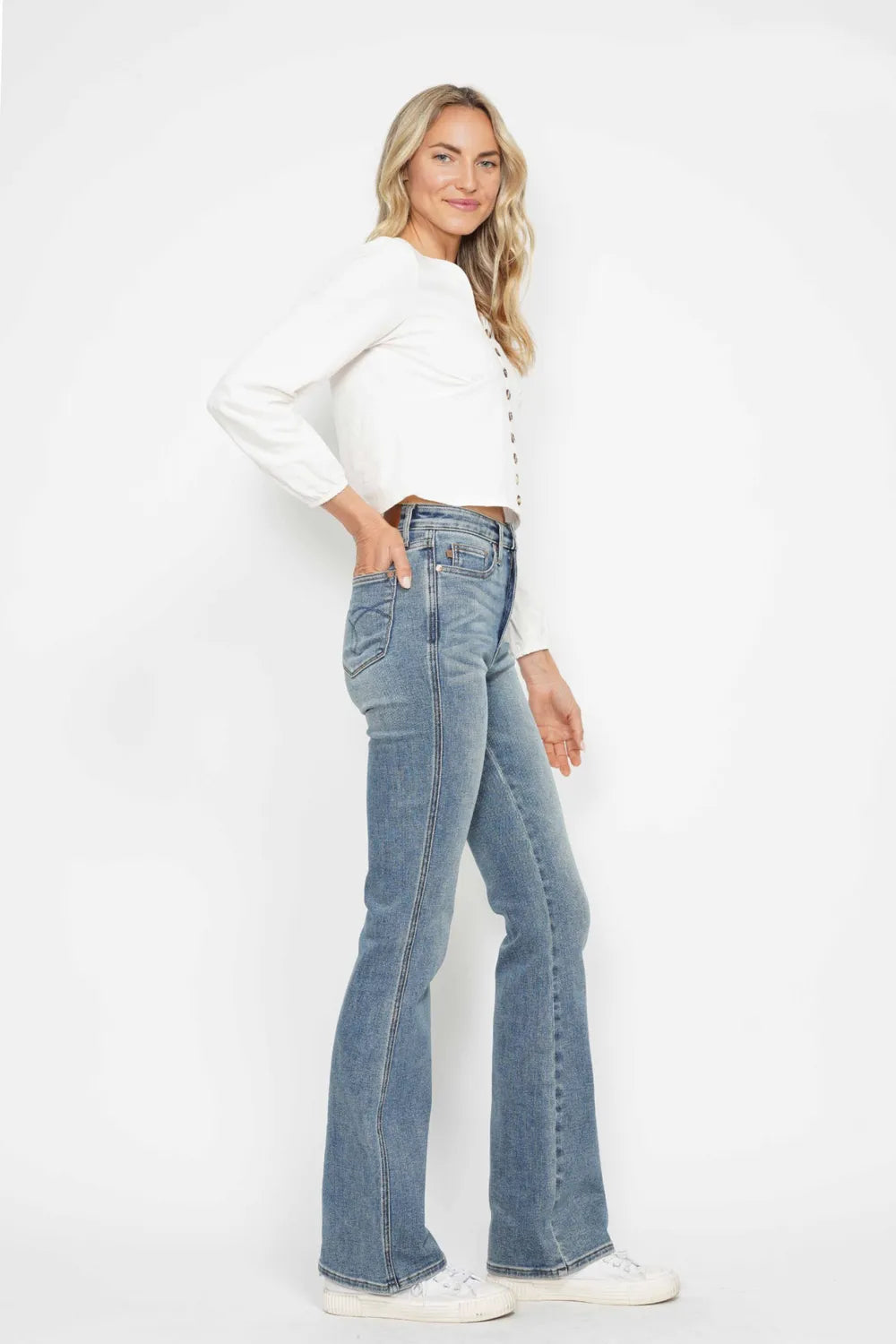 Judy Blue Full Size Tummy Control Back Embroidered Pocketed Bootcut Jeans Plus Size - kinko