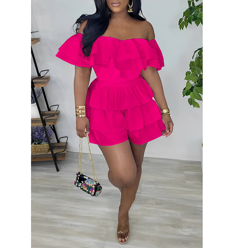 Womens Sexy Off Shoulder Rompers Summer Ruffle Short Sleeve Tiered Short Jumpsuits - kinko