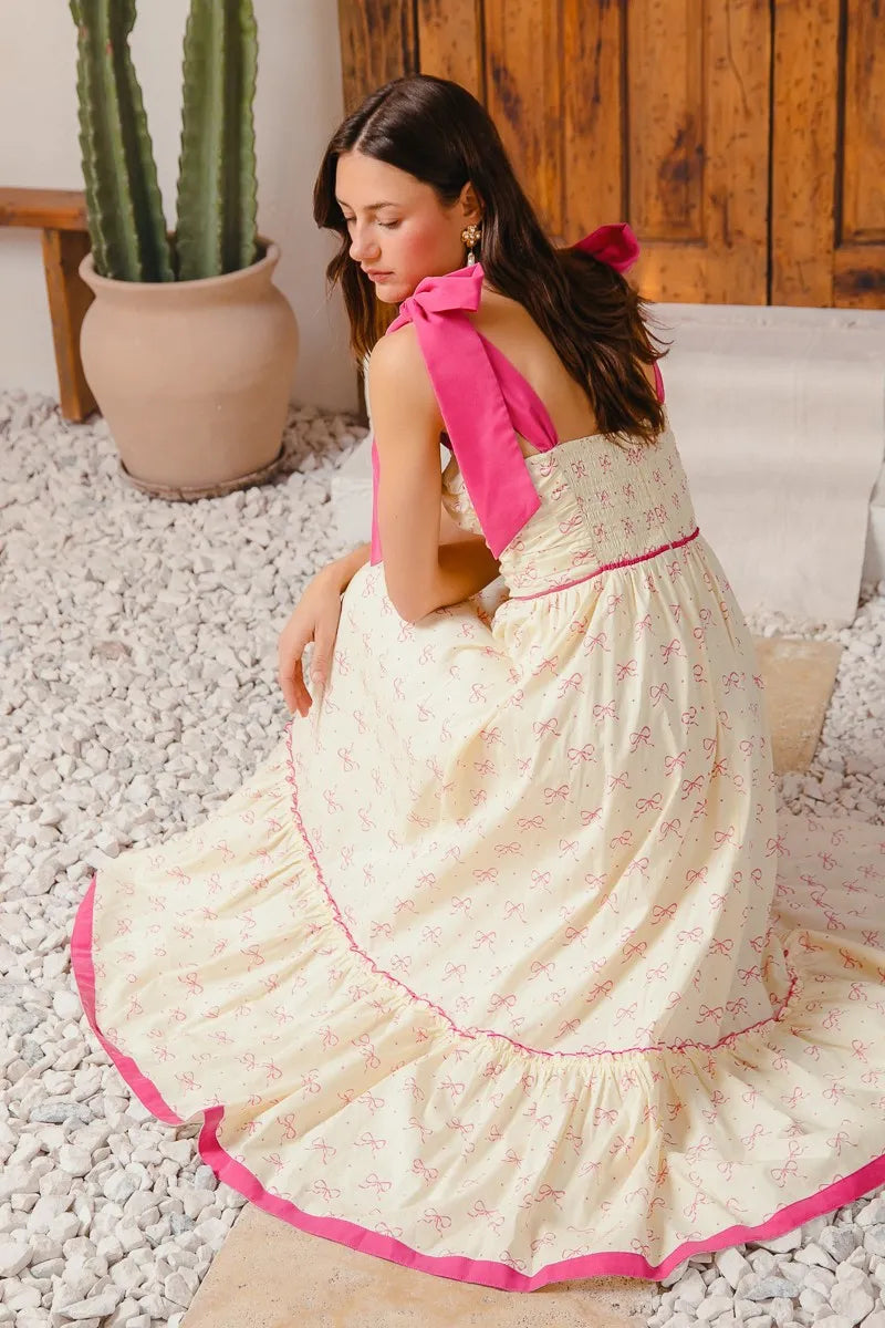 SO ME Ribbon Flowy Maxi Dress with Contrast Trim - kinko