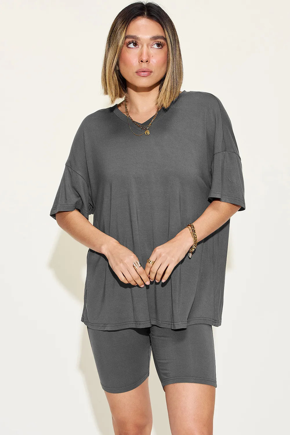 Basic Bae Full Size V-Neck Drop Shoulder T-Shirt and Shorts Set - kinko