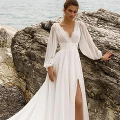 European And American High Waist Plus Size Deep V Long Sleeve Mopping Backless Wedding Dress High Slit - kinko