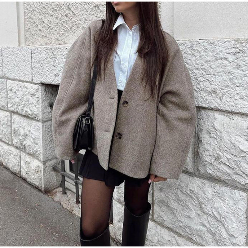 V-neck Long Sleeve Button Short Coat Fall Winter Fashion Women Commute Leisure