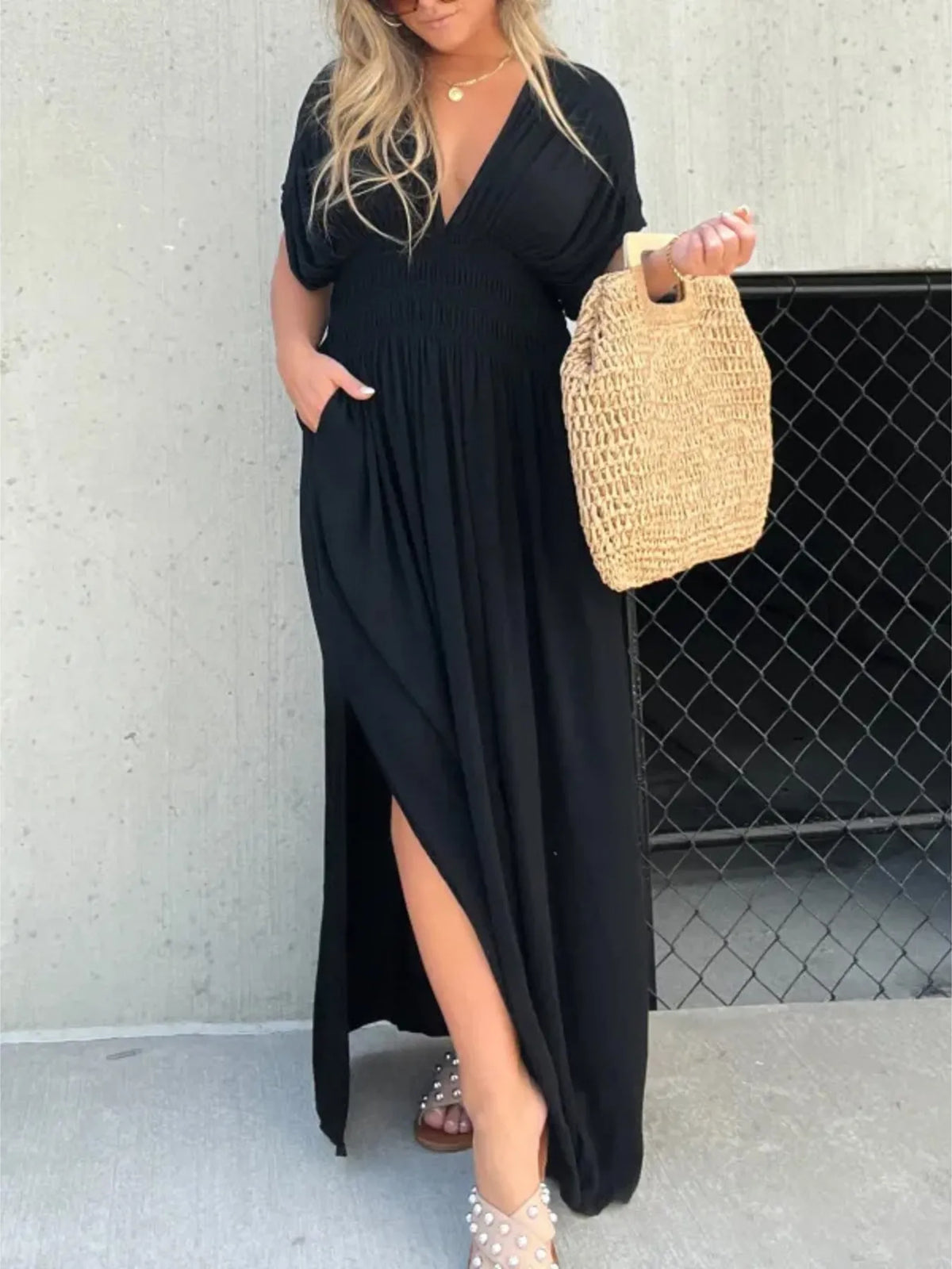 Full Size Deep V-Neck Maxi Dress with Side Slit Plus Size - kinko