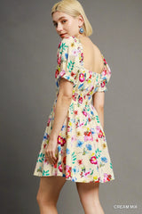 Umgee Floral Print Puff Sleeve Mini Dress - kinko