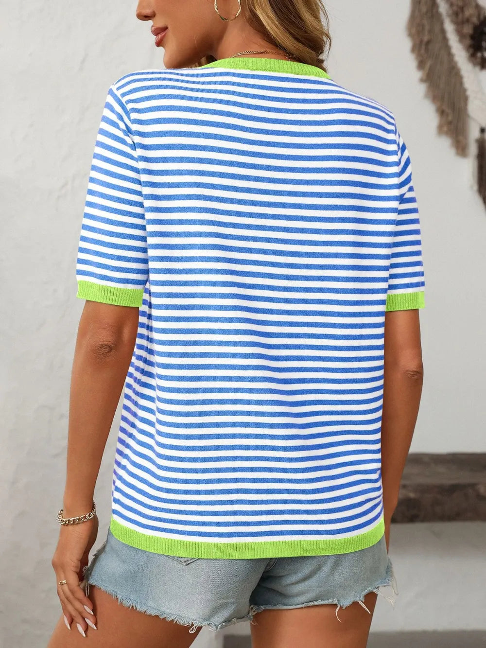 Mandy Striped Round Neck Half Sleeve Knit Top - kinko