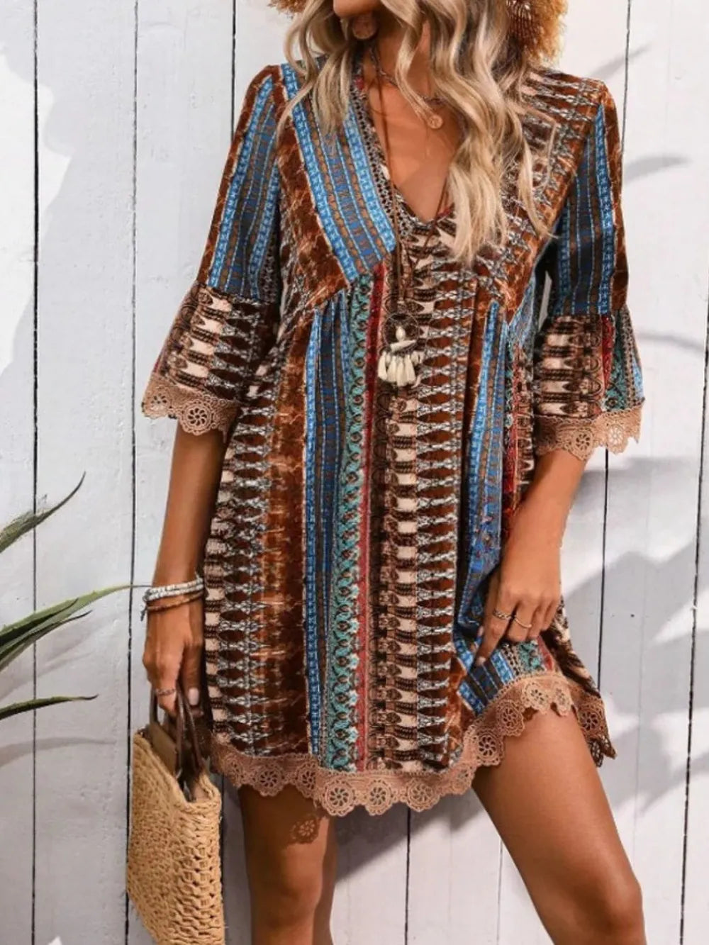 Lace Trim Printed V-Neck 3/4 Sleeve Dress - kinko