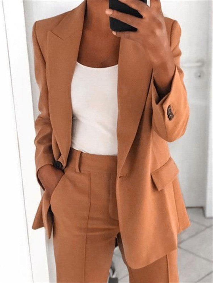 Ins Button Casual Suit Fashion Long-sleeved Lapel Blazer Jacket And Slim-fit Pocket Trousers For Women Clothing - kinko