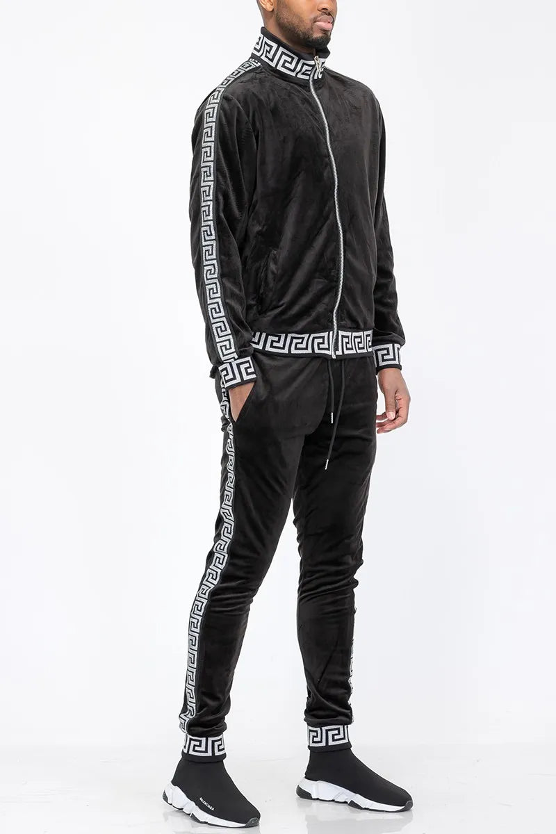 WEIV Men's Full Size Velour Zip Up Jacket and Drawstring Pants Set Plus Size - kinko