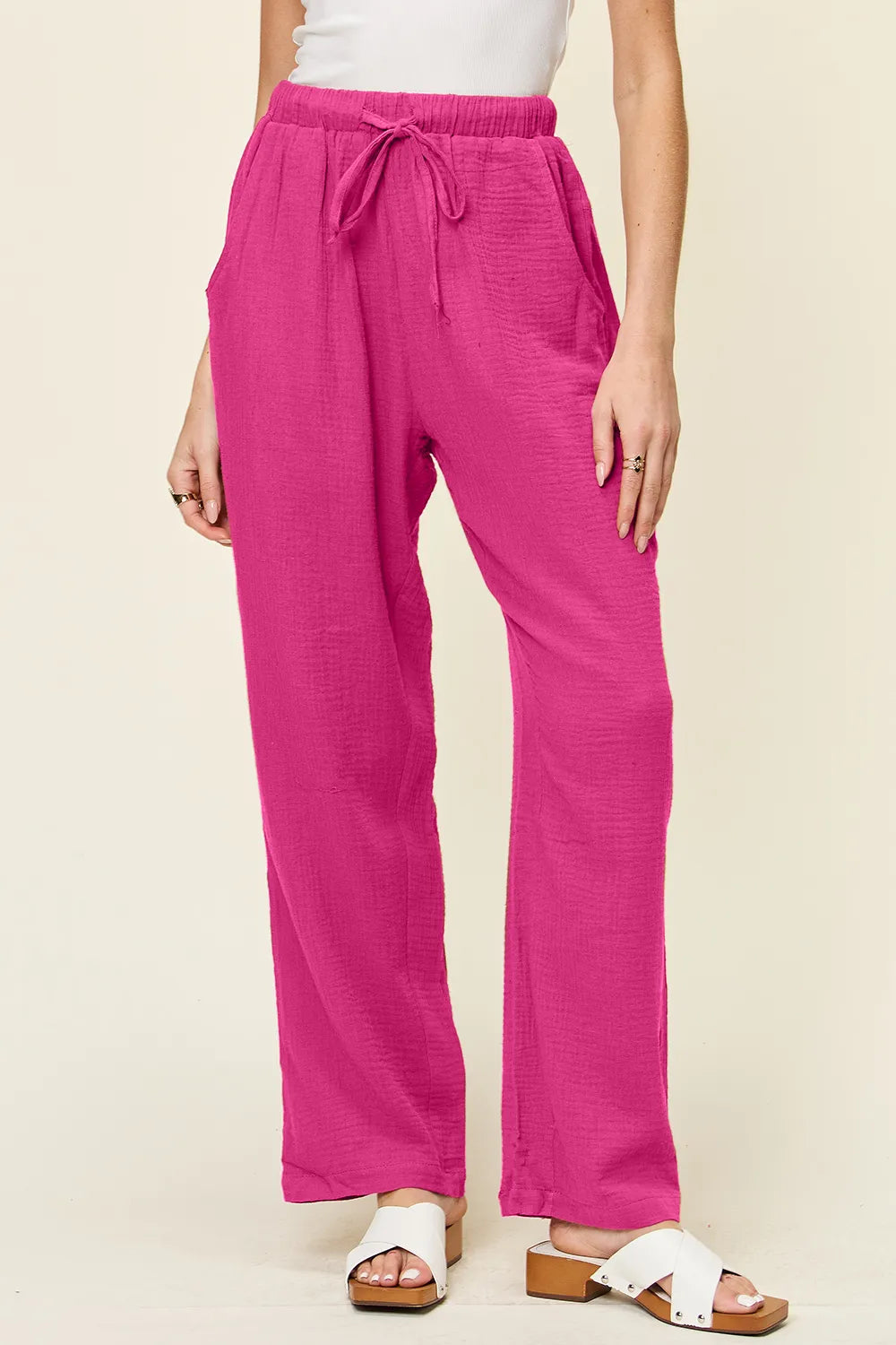 Double Take Full Size Texture Drawstring Straight Pants - kinko