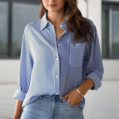 Women's Elegant Striped Long Sleeve Shirt - Pointed Lapel Collar With Chest Pocket, Button-Up Casual Blouse For Spring&Fall - kinko