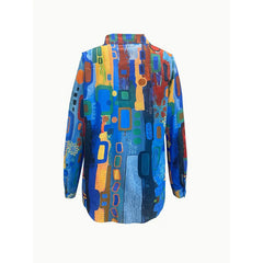 Women's Lapel Collar Printed Long Sleeve Shirt - Vibrant Colorful Pattern Button-Up Blouse Stylish Spring&Summer Vacation Top - kinko