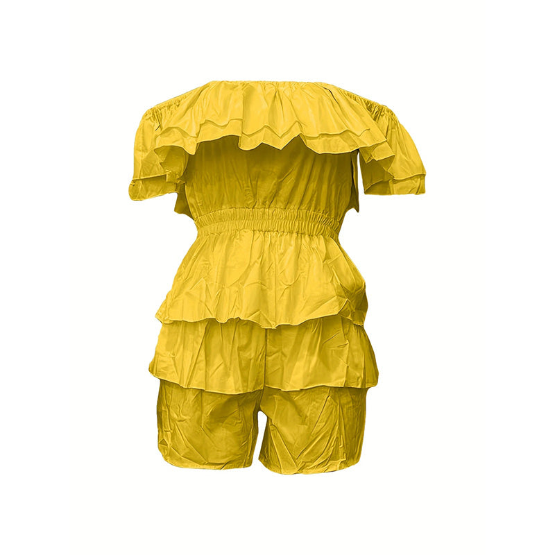 Womens Sexy Off Shoulder Rompers Summer Ruffle Short Sleeve Tiered Short Jumpsuits - kinko