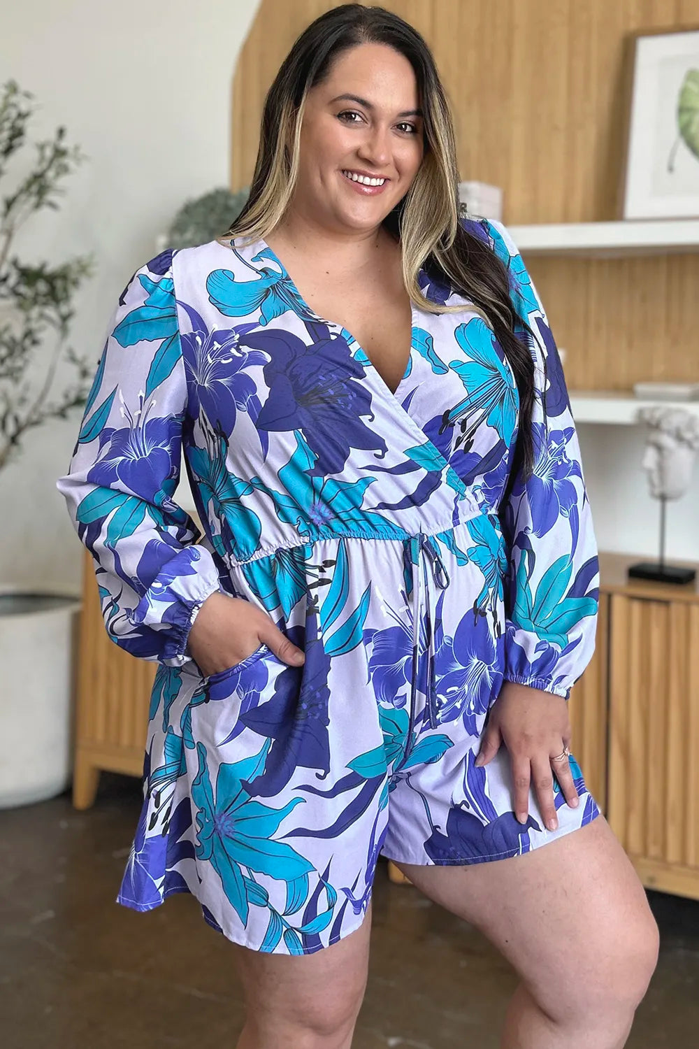 Double Take Full Size Floral Long Sleeve Romper with Pockets - kinko