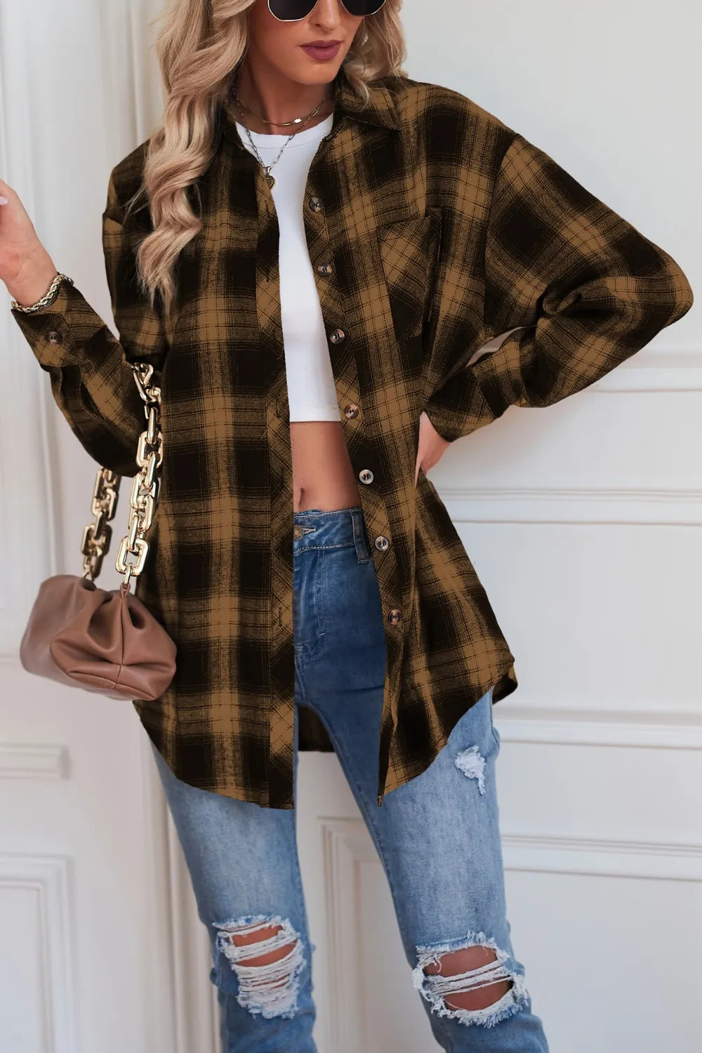 Plaid Button Up Dropped Shoulder Outerwear - kinko