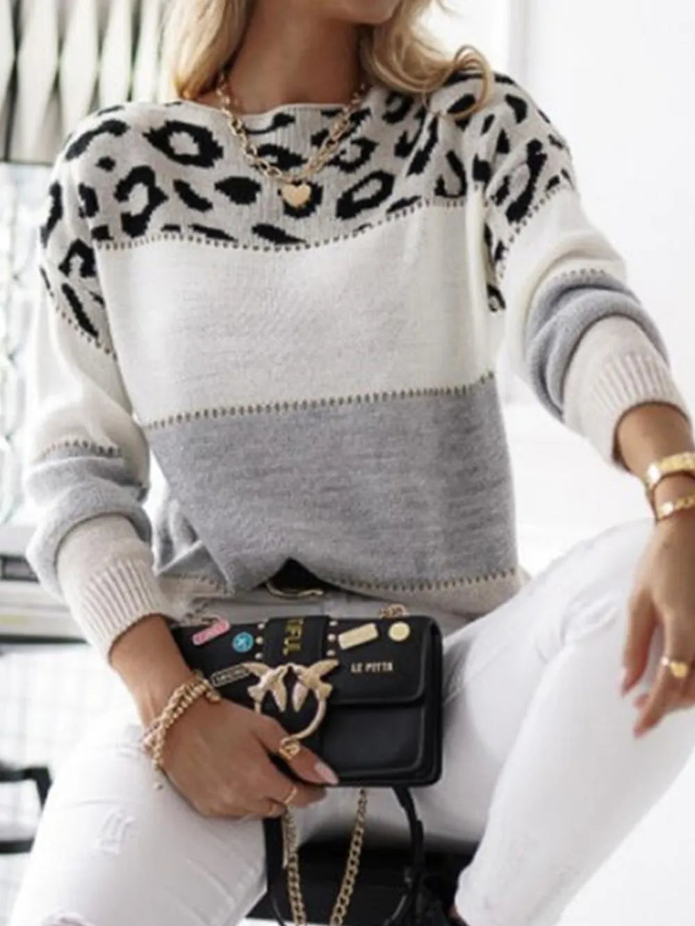 Leopard Color Block Round Neck Long Sleeve Sweater - kinko