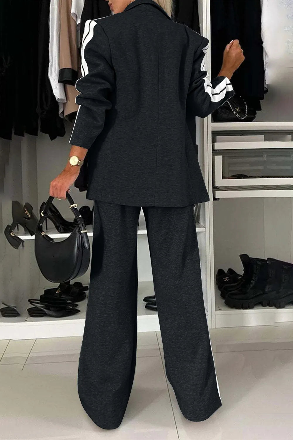 Full Size Contrast Lapel Collar Top and Pants Set - kinko