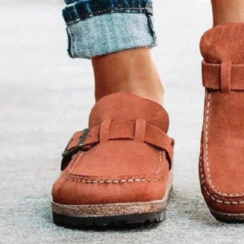 Round Toe Low Heel Buckle Loafers - kinko