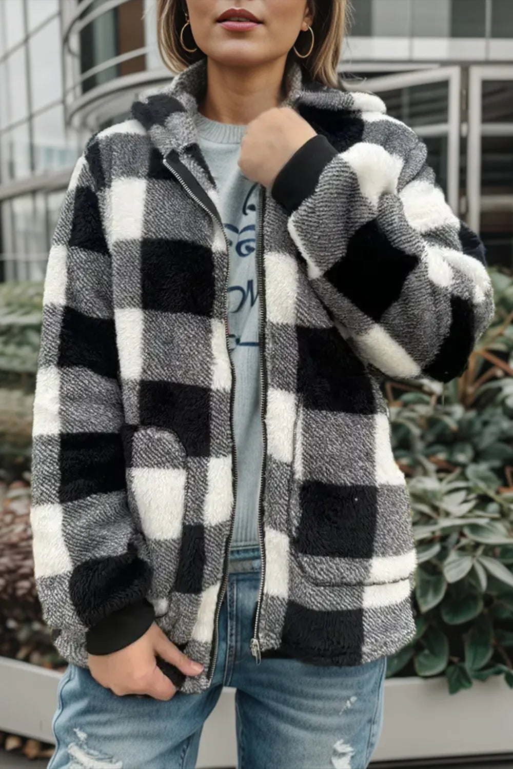 Double Take Full Size Plaid Long Sleeve Hooded Coat - kinko